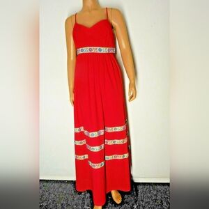Red Maxi Dress with Floral Accents